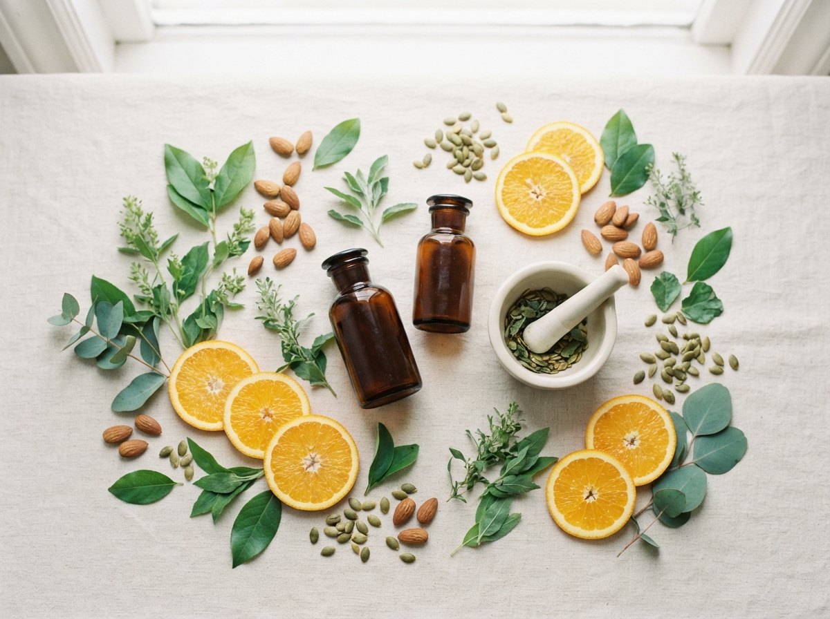 Natural ingredients: citrus, nuts, seeds, and green leaves arranged on stone surface